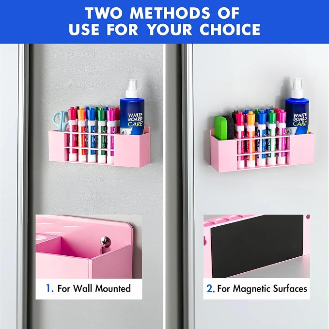 Wall Mounted Magnetic Dry Erase Marker Holder for White Board | Acylic Strong Magnet Pen Holder for Fridge&Refrigerator, Pencil Holder for Classroom, Office, Locker Organizer-Pink