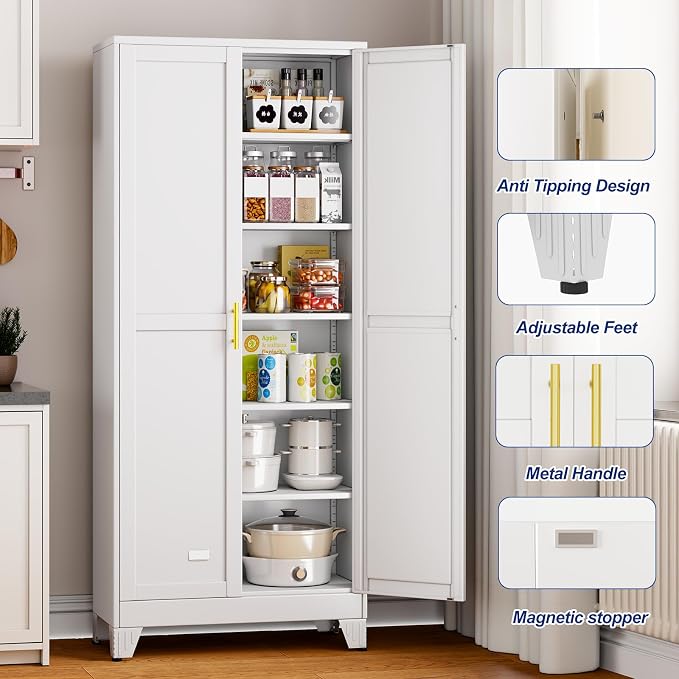Metal Storage Cabinet with 2 Doors and 5 Adjustable Shelves - 74.8" Steel File Cabinet,Tool Cabinets for Office,Home,Garage,Gym,School (White)