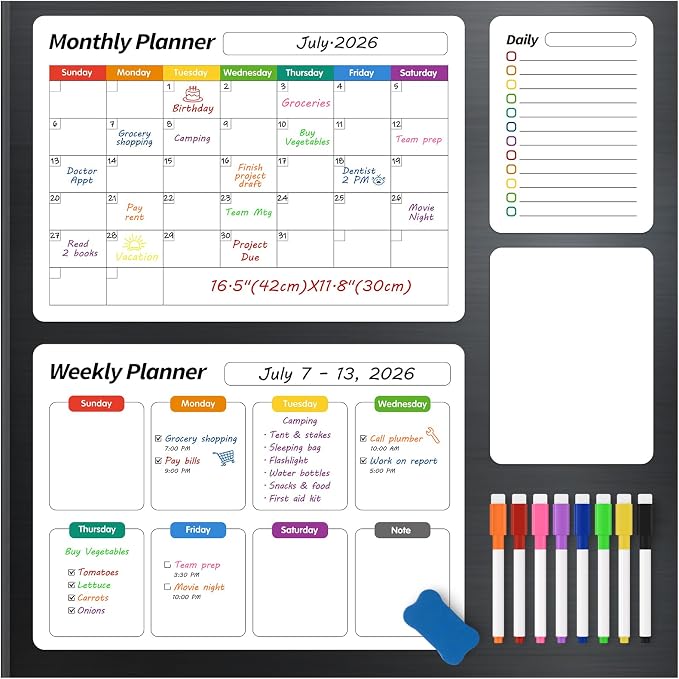 FINDMAG Fridge Calendar, Magnetic Calendar for Refrigerator, 4 Pack, White | Fridge Whiteboard for Family Schedules, Meal Plans, Grocery Lists, Reminders, and Updates(1 Eraser, 8 Markers)