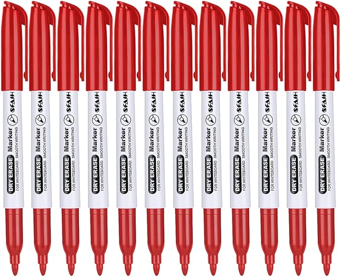 SFAIH Red Dry Erase Markers Fine Tip - 12 Pack Whiteboard Markers Standard Set For Grading Papers, Editing, Corrections & Important Highlights | Low-Odor