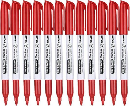 SFAIH Red Dry Erase Markers Fine Tip - 12 Pack Whiteboard Markers Standard Set For Grading Papers, Editing, Corrections & Important Highlights | Low-Odor