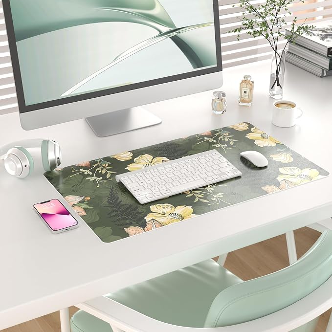 Colorful Star Large Mouse Pad, PU Leather Waterproof Desk Mat, Computer Gaming Mouse Pad, XXL Table Mousepad Non Slip Full Desk Pad for School Office Home 23.6" x 13.8" - Vintage Bold Flowers