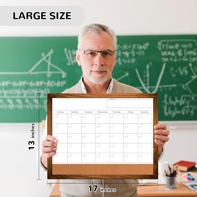 White Board Calendar Dry Erase Board for Wall, Magnetic WhiteBoard, 17"x13" | Hanging Board, Brown Wood Frame White Board and Cork Board Combo, Calendar Bulletin Board for Kitchen Planner Memo Office
