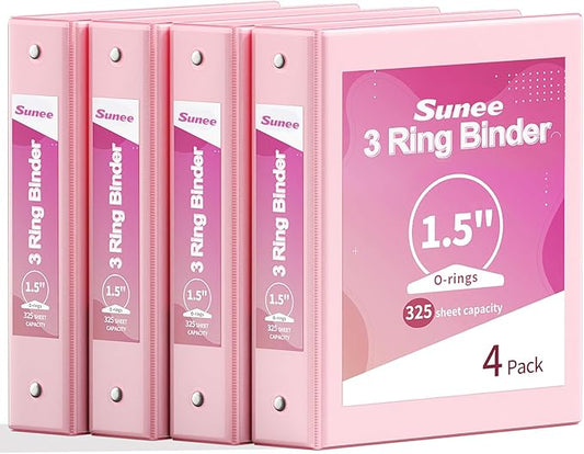 SUNEE 1.5 Inch Binders 3 Ring 4 Pack, Clear View 1 1/2 Inch Binders Three Ring PVC-Free (Fit 8.5x11 Inches) for School or Office Supplies, Pink