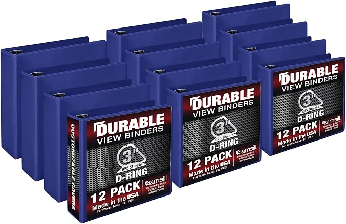 Samsill Durable 3 inch 3 Ring Binder, D Ring Binder, 100% Recycled Chipboard, Blue, 12 Pack