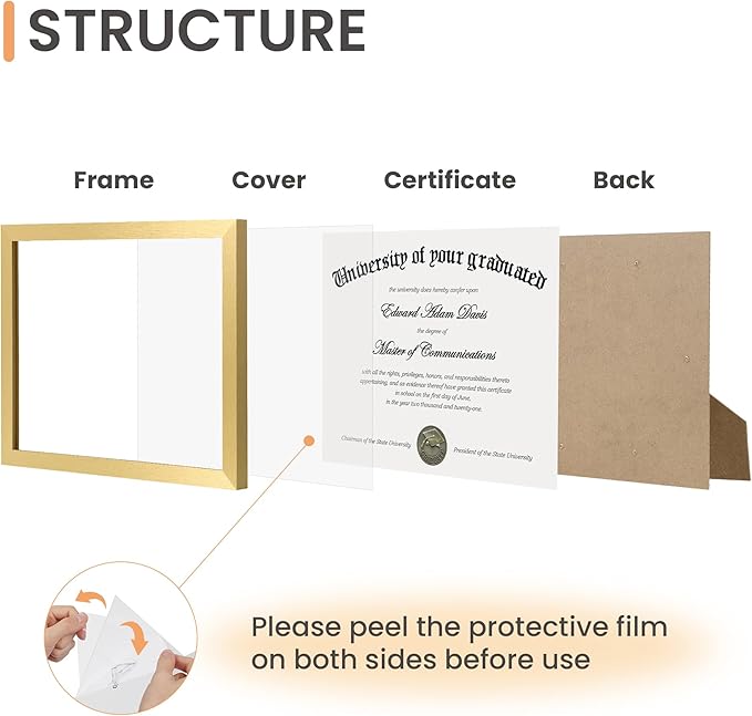 upsimples Certificate Frame with Clear Plexiglass, 8.5 by 11 Picture Diploma Document Degree Frames for Wall and Tabletop, Gold, 1 Pack
