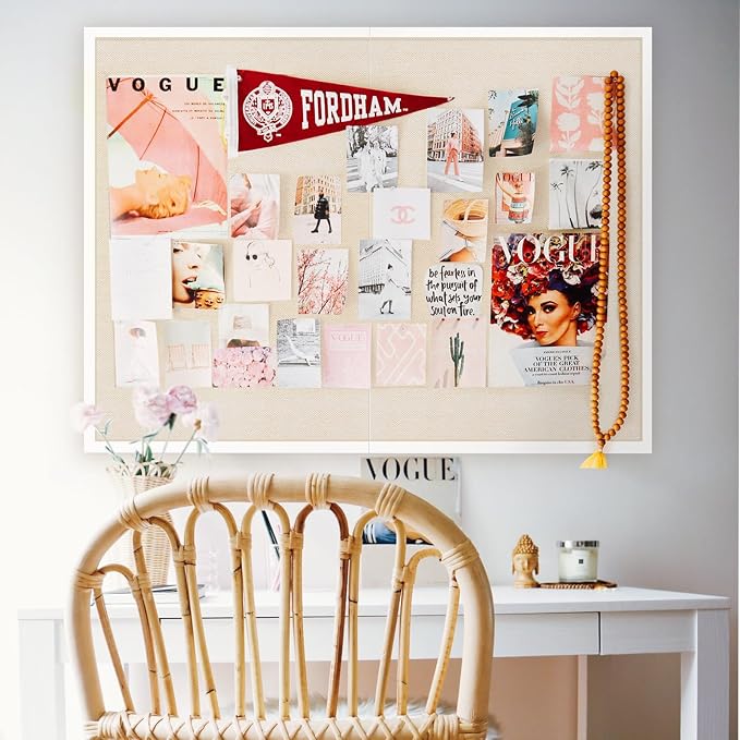 Large Bulletin Board 48x36 inch with Linen Cork Boards Wall Decor Hanging Pin Wood Framed Display Bulletin Cork Photo Picture Board Light for Room School Office 30-Pushpin White