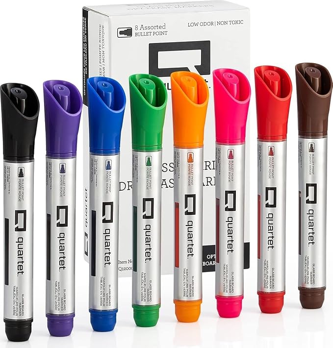 Quartet Dry Erase Markers, Glass Whiteboard Markers, Bullet Tip, Assorted Colors, 8 Pack (Q120000GBA)