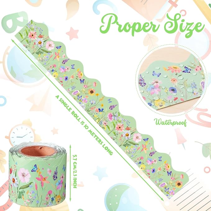 32.8 Ft Green Wildflower Bulletin Borders Classroom Scalloped Trim | Wildflower Butterfly Design for Classroom, Office Party Wedding Decor, Scalloped Edge Paper Strips, Easy to Cut
