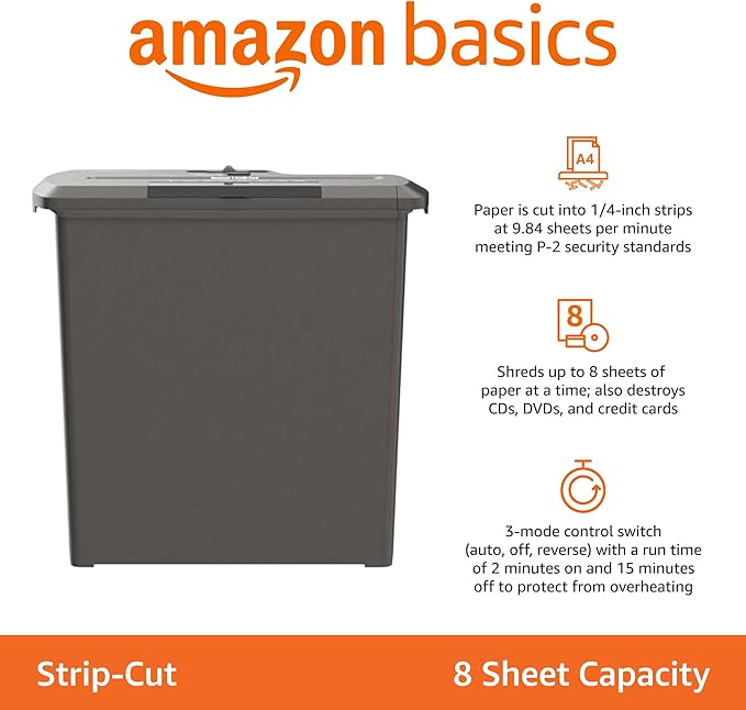Amazon Basics 8-Sheet Strip Cut Paper Shredder for Home and Office, CD/Credit Card Shredder, 3.4 Gallon Bin, Black