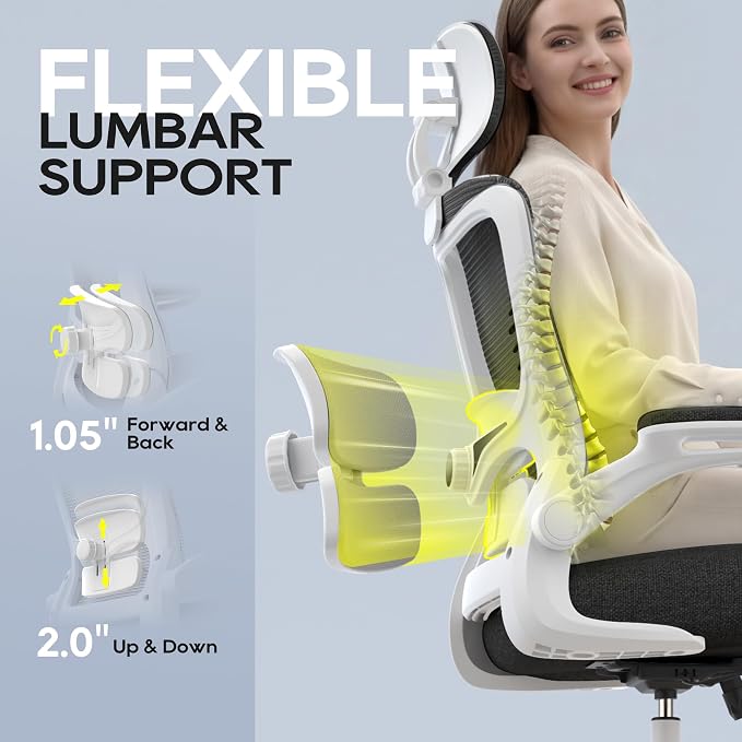 Ergonomic Office Chair for Long Hours, Padded Lumbar Support for Lower Back Relief, 330 lb Capacity, Comfortable Computer Desk Chair for Home Office, Computer & Study (Modern, White/Black)