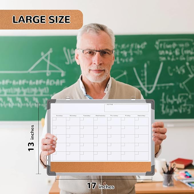 Monthly Calendar Whiteboard for Wall, Dry Erase Board with Cork Board Combo | 17"x13" Small Magnetic White Board, Double-Sided Hanging Board for Office Home, Portable Board for Planner Memo
