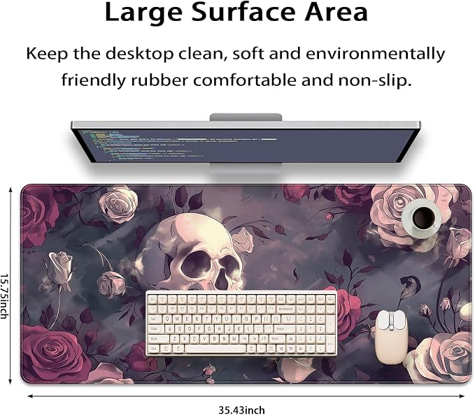 35.4 x 15.7 in, XXL Large Mouse Pad for Desk, Extended Keyboard Mouse Mat for Computer Office, Big Mouse pad with Stitched Edges, Gaming Pc-Skull red Pink Rose Butterfly
