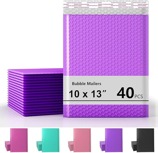 10 x 13 Inch Bubble Mailer 40 Pack, Waterproof Padded Envelopes with Strong Self-Seal Adhesive, Cushioning Shipping Bags with Bright Color for Small Business - Purple