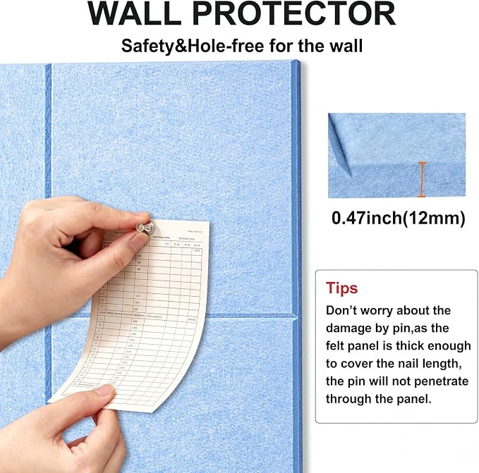 0.47”Thick Felt Bulletin Board Wall Tiles Pin Board 36x24 (L-Blue) | 6Pack 11.81”x11.81”x0.47”Felt Cork Board Tack Board with Safe Removable Adhesive Tabs and Pushpin for Home Office School