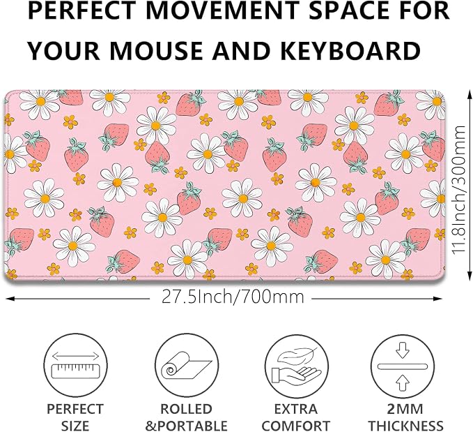 Strawberry Mouse Pad Desk Mat,Pink Large Large Gaming Mouse Mat with Stitched Edges,Non-Slip Waterproof Rubber Base Mouse Mat for Office Computer Keyboard Laptop Home(27.5X11.8 in)