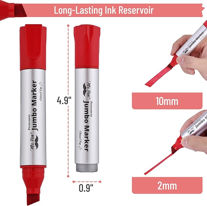 Mr. Pen- Jumbo Permanent Markers, 4 Pack, Red, Chisel Tip, Large