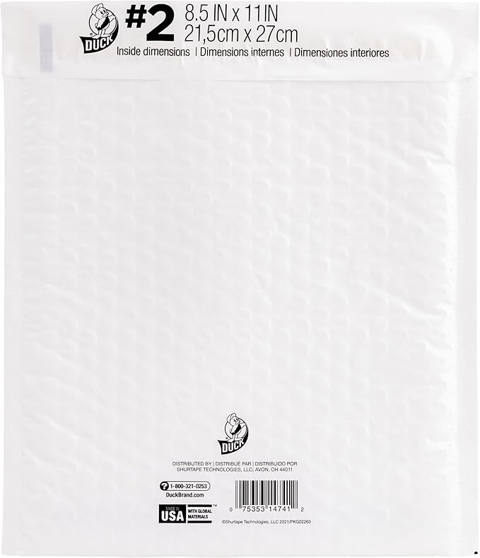 Duck Max #2 Poly Bubble Mailer, White, 8.5 inch x 11 inch, 25 Pack