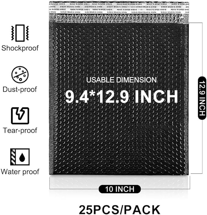 Koja 10 X 13” Padded Bubble Mailers 25-Pack. Quality Mailing and Shipping Envelopes and Bags with 10 X 12" Usable Size. Extra-thick Padding. Fast and Easy Self-seal Envelope. (Black)
