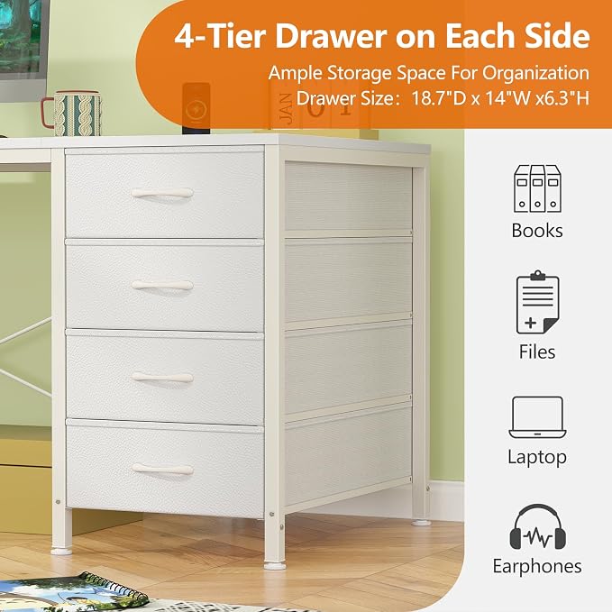 95" 2 Person Desk with 8 Fabric Drawers for Home Office, Living Room | Long Computer Desk Office Desks with Storage, Two Person Double Desks with Power Outlets, White
