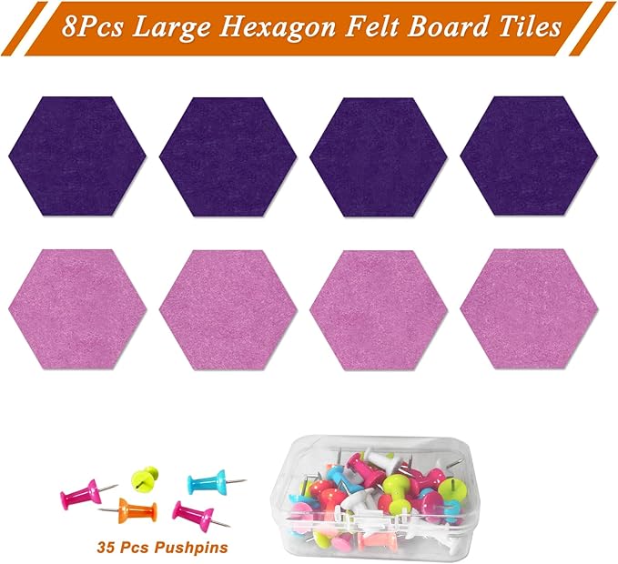 Large Hexagon Felt Cork Board Tiles, Self Adhesive DIY Felt Bulletin Board Pin Board with 35 Pushpins for Office School Home Wall Decor(Purple+Light Purple)