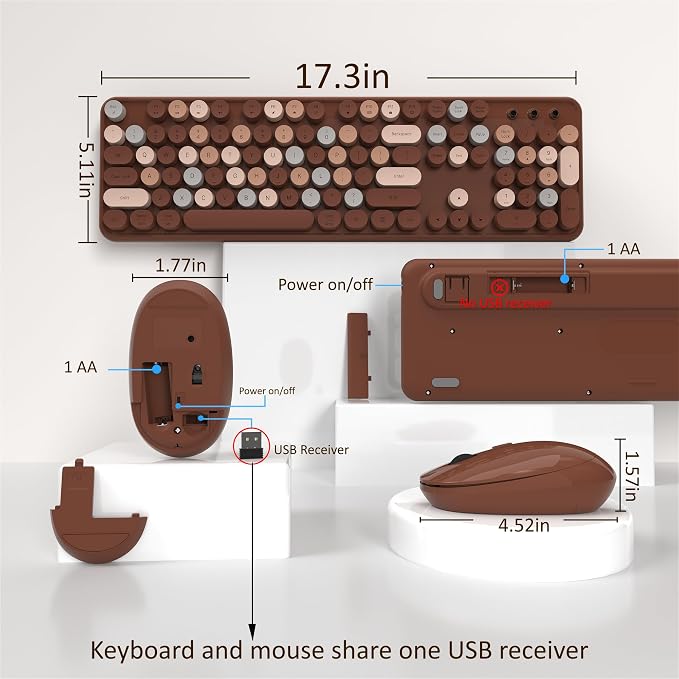 Links9+ Colorful Wireless Keyboard and Mouse Combo (Coffee Colorful) | Full-Size Retro Typewriter Style Keyboard with Vintage Round Keycaps, 2.4G Wireless Set for Windows, Mac, Laptop, PC, Desktop