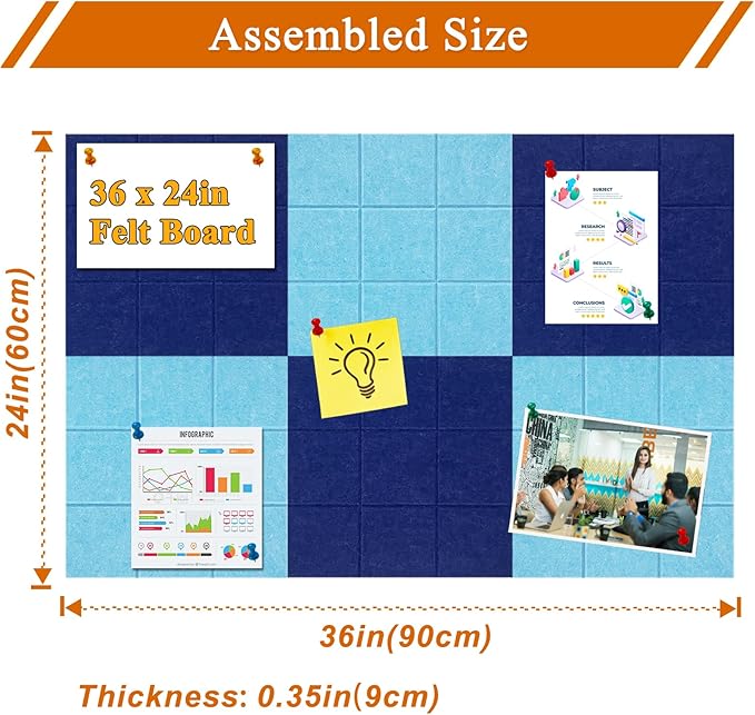 Large Square Felt Cork Board Tiles, Self Adhesive DIY Felt Bulletin Board with 35 Pushpins for Office School Home Wall Decor Stickers Memos (Dark Blue & Sky Blue)