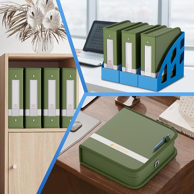 ENGPOW 3 Ring Binder,Fireproof 3" D Ring Organizer with Zipper & Pockets | Holds 750 Sheets,Non-Stick,PVC-Free,Compatible with Sheet Protectors,Durable School Office Home Safe Storage for Paper,Green