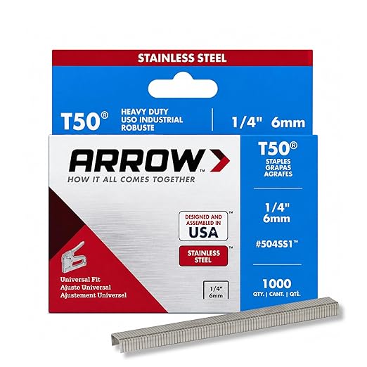 Arrow 504SS1 T50 Staples, 1/4-Inch Leg, 3/8-Inch Crown, 1000 Count | Heavy Duty Stainless Steel Staples for Upholstery, Construction, Crafts, Fit Arrow Staple Gun, Hammer Tacker, Pneumatic Tool