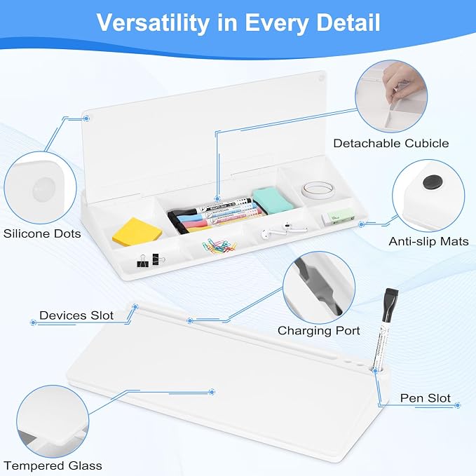 Desktop Glass Whiteboard with Storage, Desk Dry Erase White Board Stand | Computer Keyboard Stand, Office Desk Organizers and Accessories with Drawer, To Do Memo Notepad, Home School Supplies