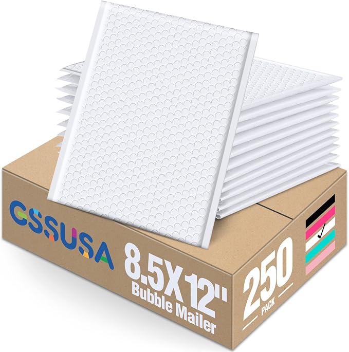 GSSUSA White Bubble Mailers 8.5x12 Large Padded Envelopes 250 Packs, Self-Seal, Waterproof & Tear Resistant, Perfect for for Mailing Clothes,Magazines, Business & Personal Use