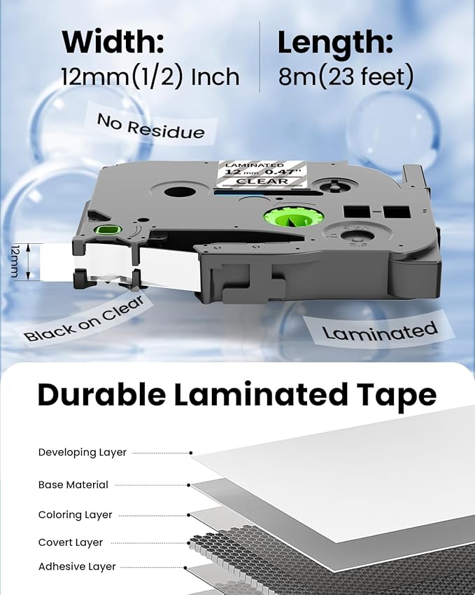 TZe TZ Tape 12mm 0.47 Laminated Clear Compatible with Brother P-Touch | Label Tape Clear TZe-131 Label Maker Tape Black on Clear Work for Ptouch PT-H110 PT-D210 Refills, 1/2 Inch x 26.2 ft, 4-Pack