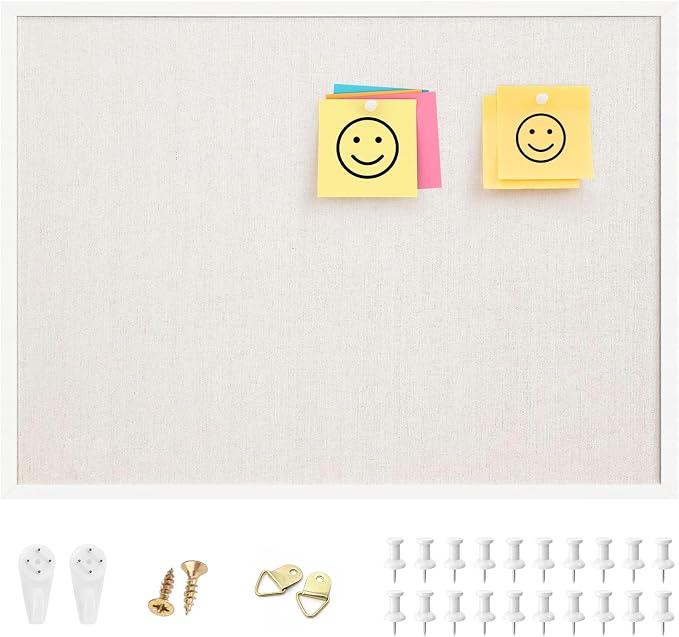 OWLKELA Linen Cork Bulletin Board, 17"x23" | White Frame, with 10 Pushpins, Ideal for School, Home & Office