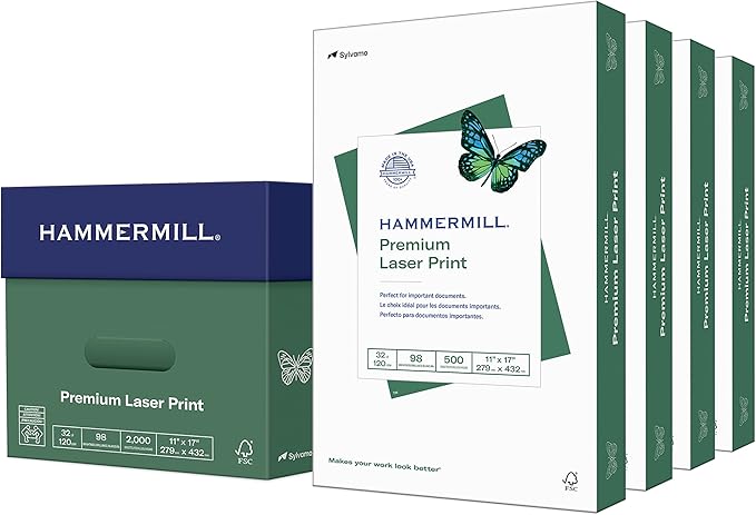 Hammermill Printer Paper, Premium Laser Print 32 lb, 11 x 17-4 Ream (2,000 Sheets) - 98 Bright, Made in the USA, 104653C