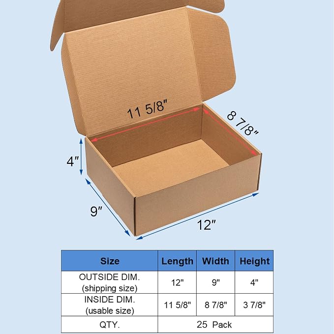 Wowxyz Shipping Boxes 12x9x4 Inch 25 Pack Corrugated Cardboard Mailer Brown | Kraft Medium Literature Mailer Packaging Supplies, Mailing Boxes for Small Business