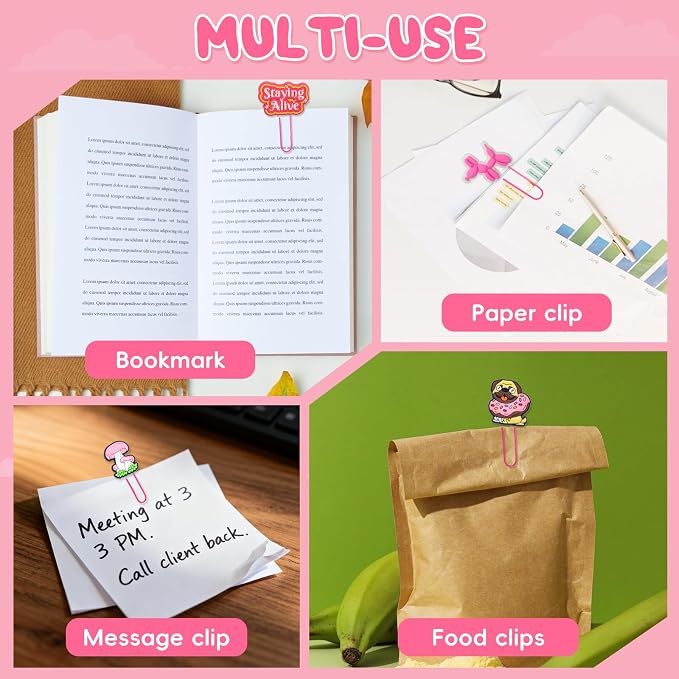 30 PCS Pink Paper Clips Metal Paperclip Large Size Paper Clip Cute Bookmark Colorful Office Supplies Bookmark Clamp Desk Accessories Stationery Gifts