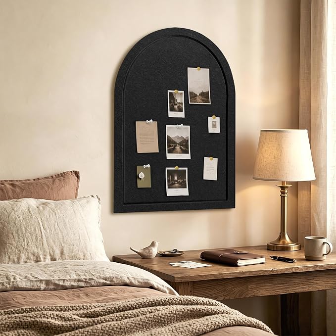 VABAMNA Arched Felt Bulletin Board 24" x 18", Grooved Edge Foldable Self-Adhesive Boards with Pins & Hooks for Office, School & Home Photo Display (Black)
