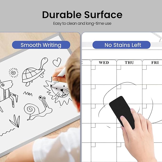 Monthly Calendar Dry Erase Board for Wall, 17"x13" Double-Sided Magnetic Calendar White Board with Cork, Silver Aluminum Alloy Frame Hanging Small Whiteboard for Office, Home, School