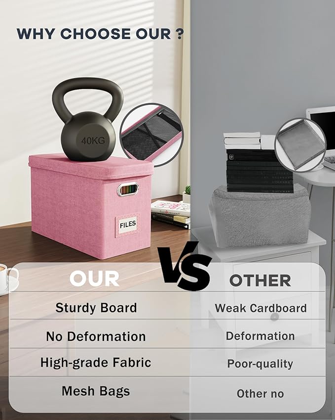 File Organizer With Lid, Hanging Filing Box With Mesh Pocket, Document Organizer for Letter Files, Portable Storage With Smooth Sliding Rail for Office & Home (2 PCS, Pink)