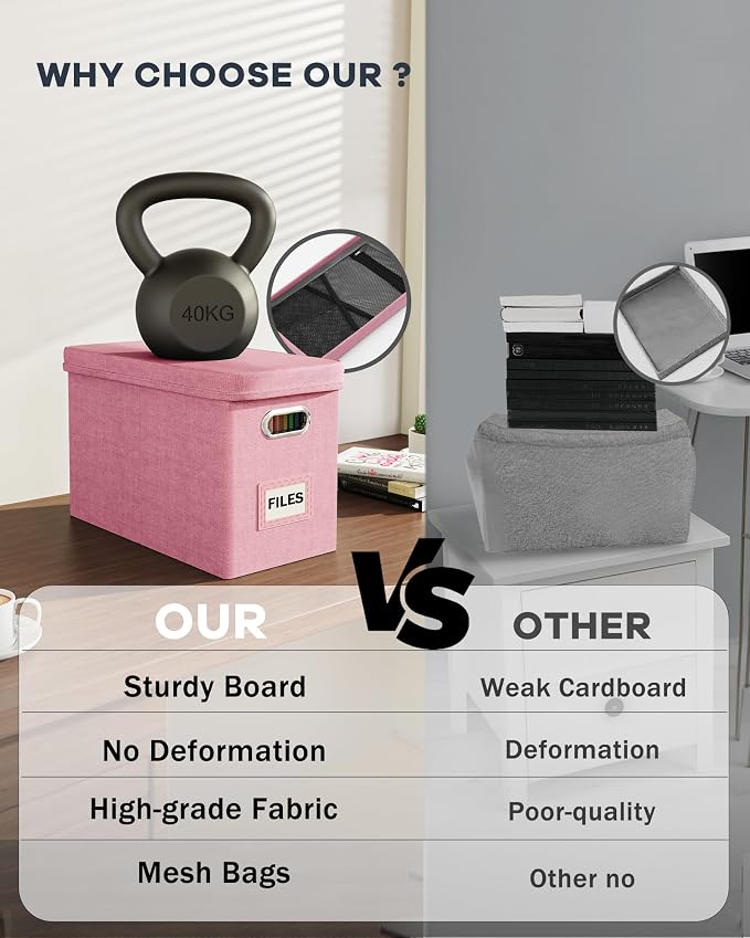 File Organizer Box with Lid, Hanging Filing File Box with Mesh Pocket, Document Organizer Box for Letter Files, Portable Storage Box with Smooth Sliding Rail for Office&Home (1 PCS, Pink)