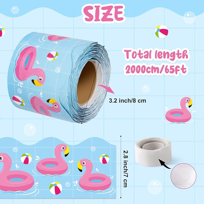 BeYumi Summer Flamingo Border Trim - 65ft Back to School Pool Rolled Border | Tropical Flamingo Beach Swimming Pool Bulletin Board Set School Classroom Office Chalkboard Home Party Holiday Decoration