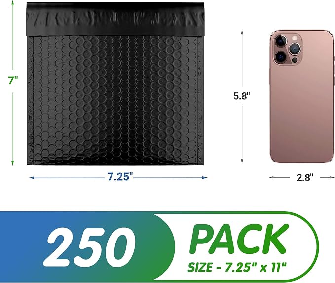 Poly Bubble Mailers, 7.25 x 7 Inch Matte Black Padded Mailers, Self Seal Shipping Envelopes, Lightweight Poly Mailer Bags, Waterproof Mailing Bags, Pack of 350
