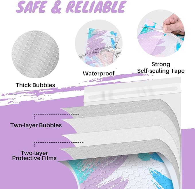 Fuxury Bubble Mailers 6x10" Watercolor Soft Pastel Padded Envelopes 100 Pack Small Bubble Envelopes Usable Size 6x9" Padded Mailers Special Design Shipping Bags for Small Business Jewelry Makeup #0