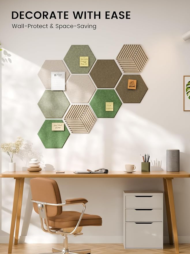 Fluxynara 10-Pack Hexagon Cork Board Alternative, Moss Haven | Felt Bulletin Board with 50 Adhesive Tabs, Ideal for Vision Boards and Wall Decor in Homes, Offices, Classrooms, and Dorms