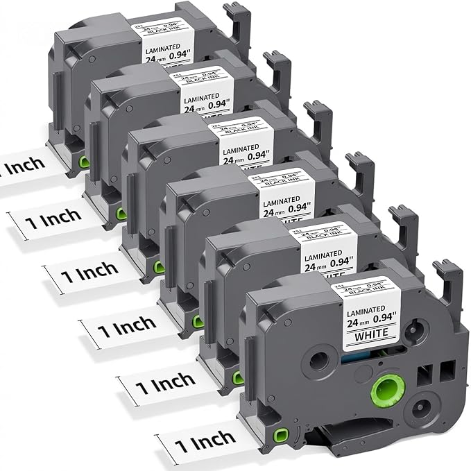 24mm 0.94 TZ Tape Compatible with Brother TZe-251 P Touch Label Maker Tape | 1" Laminated Black on White for Ptouch PT D610BT P710BT D600 700 P750W E510VP E560BTVP Refills, 24 mm x 8m, 6-Pack