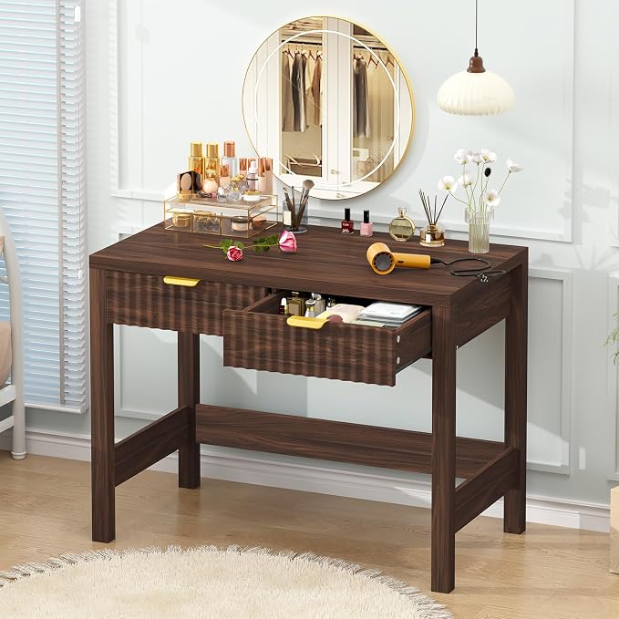 32 Inch Small Fluted Computer Desk with 2 Drawers for Bedroom, Home Office | Small Computer Desk with Storage, Compact Writing Study Desk for Small Spaces, Walnut