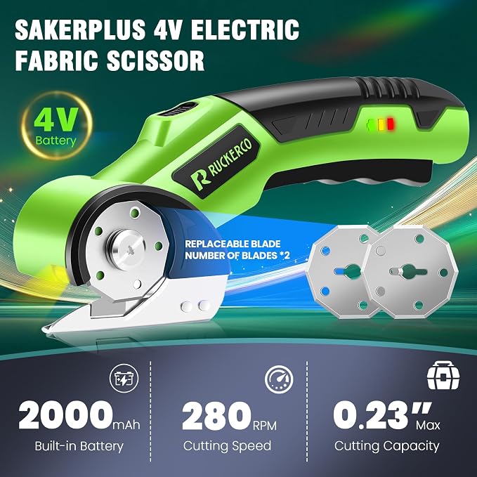 Cordless Electric Scissors Box Cutter 2 Rotary Blades – 4V Duty Rechargeable Cardboard Cutter, Storage Box & Fabric Scissor With Safety Lock, USB Cable – For Plastic, Carpet, Leather, DIY Crafts