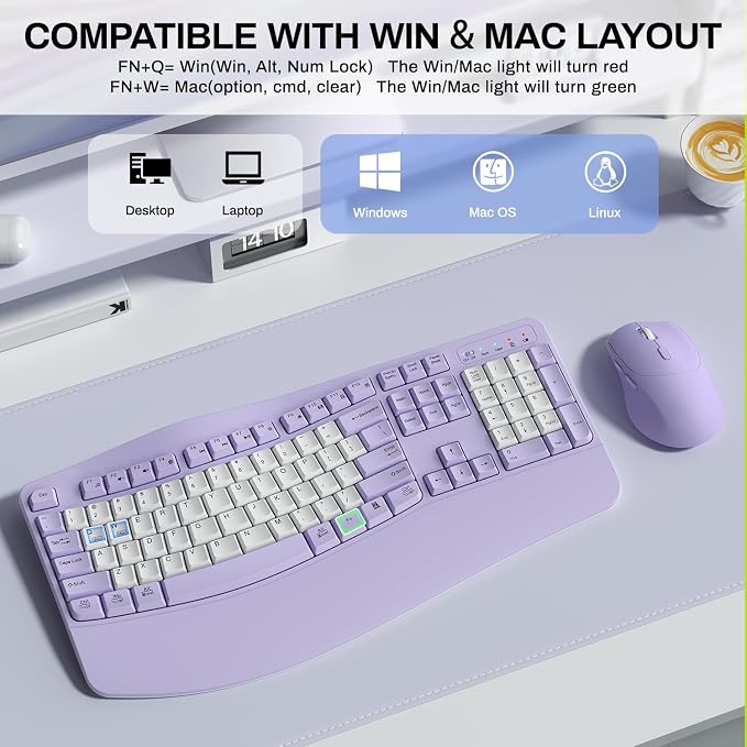Wireless Keyboard and Mouse Combo,2.4G Ergonomic Wave Keys(Purple-B) | Full Size Cordless Keyboard with Wrist Rest,3-Level DPI Ergonomic Mouse for Office and Home,Windows/Mac OS/Desktop/Laptop/PC