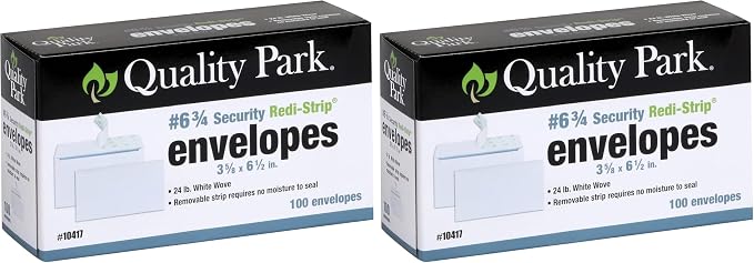 Quality Park #6 3/4 Self-Seal Security Envelopes, Security Tint and Pattern, Redi-Strip Closure, 24-lb White Wove, 3-5/8 x 6-1/2, 100/Box (QUA10417) (Pack of 2)