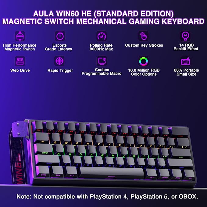 Aula WIN60 HE - 60% Mechanical Gaming Keyboard Wired, Magnetic Switch Hot Swappable, Adjustable Actuation Rapid Trigger Mode, 8000 Hz Polling Rate, RGB Small Keyboard 60 Percent Compact Design for PC